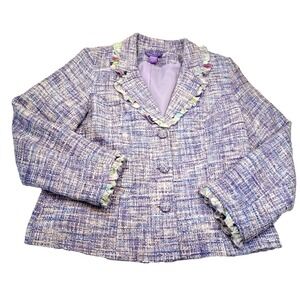 Vintage Newsworthy Women's Tweed Jacket w/ Floral Ruffles Size 14 Lined  Purple